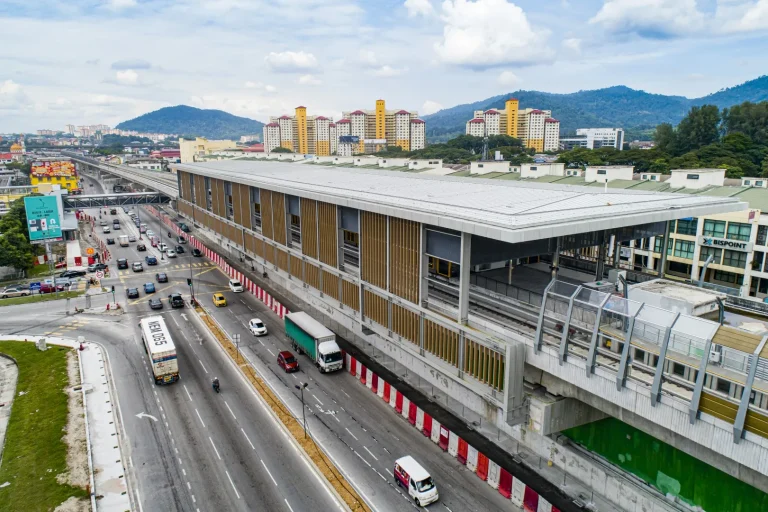 Aerial view of the Multi-Storey Park and Ride for Metro Prima MRT Station showing the ramp and staircase works in progress