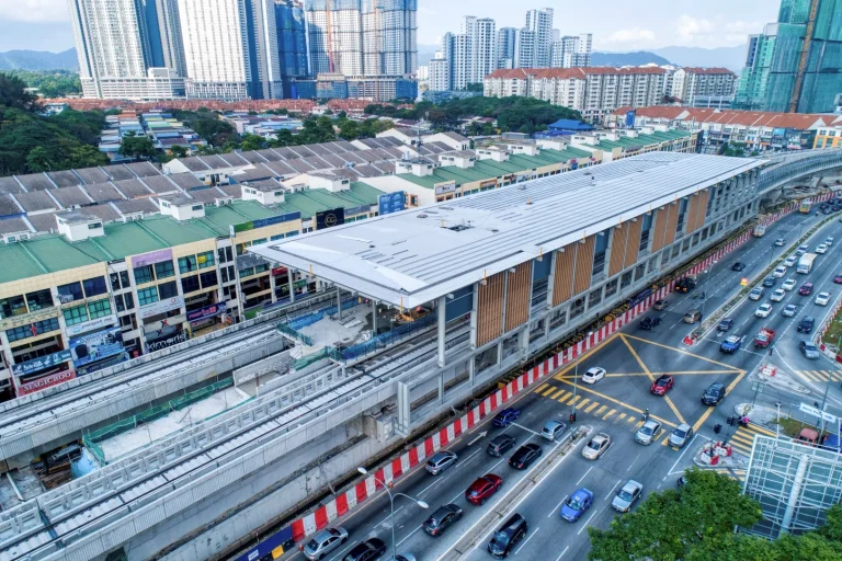 Aerial view of the Metro Prima MRT Station showing the roof covering and façade installation in progress