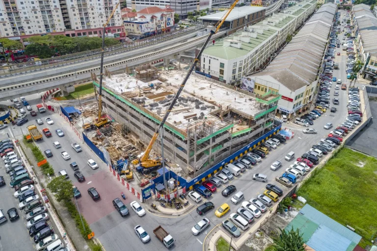 Aerial view of the Multi-Storey Park and Ride for Metro Prima MRT Station showing the ramp and staircase works in progress