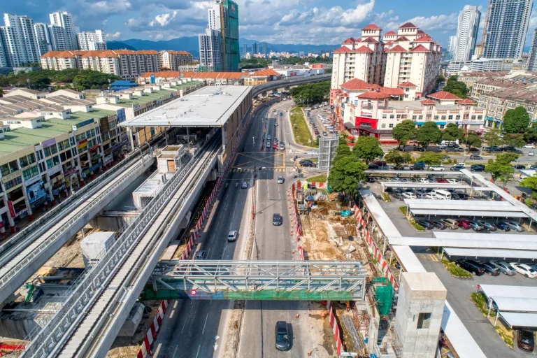 Aerial view of the Metro Prima MRT Station showing the pedestrian overhead bridge launching completed