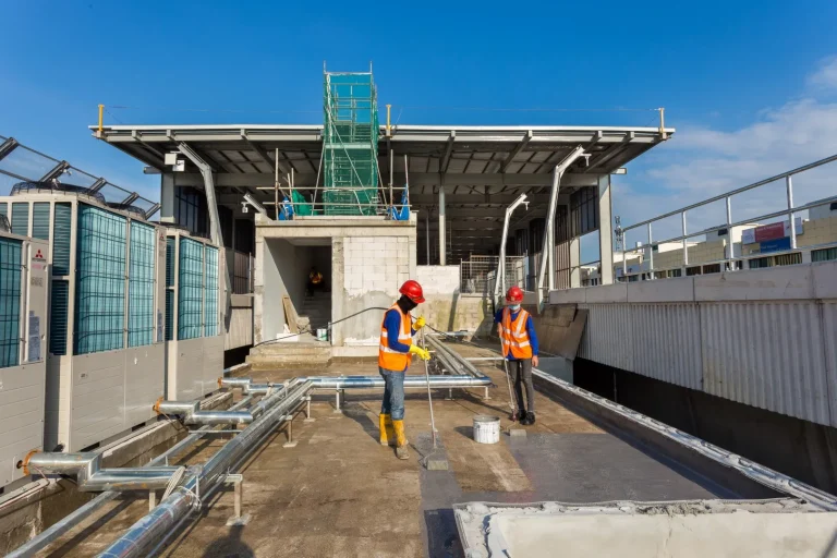 Water proofing at roof slab intermediate level in progress at the Metro Prima MRT Station site