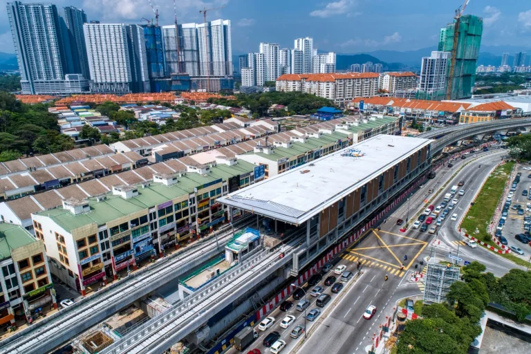 Aerial view of the Metro Prima MRT Station site showing the roof covering works in progress and mock up external painting completed