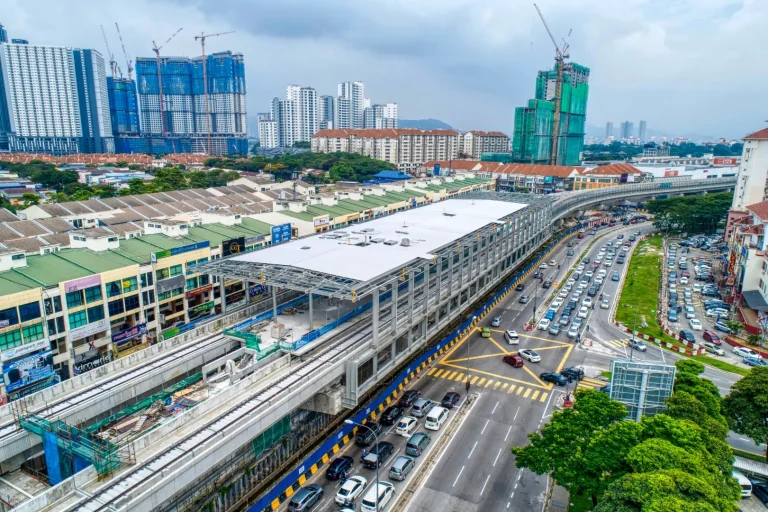 Aerial view of the Metro Prima MRT Station showing the installation of steel structure frames completed while installation of roof covering in progress