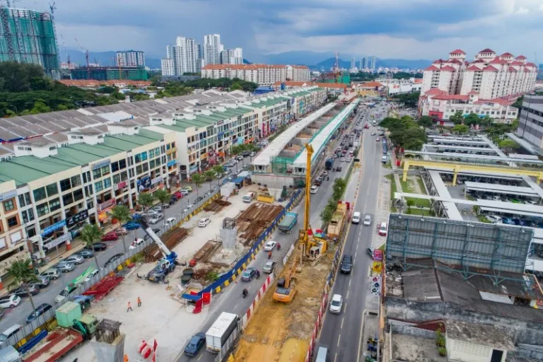 Aerial view of bored piling works at the Metro Prima MRT Station site