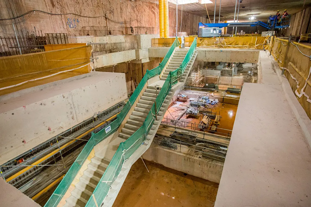 View of the permanent reinforced concrete staircase from Persiaran KLCC MRT Station lower platform to upper platform.