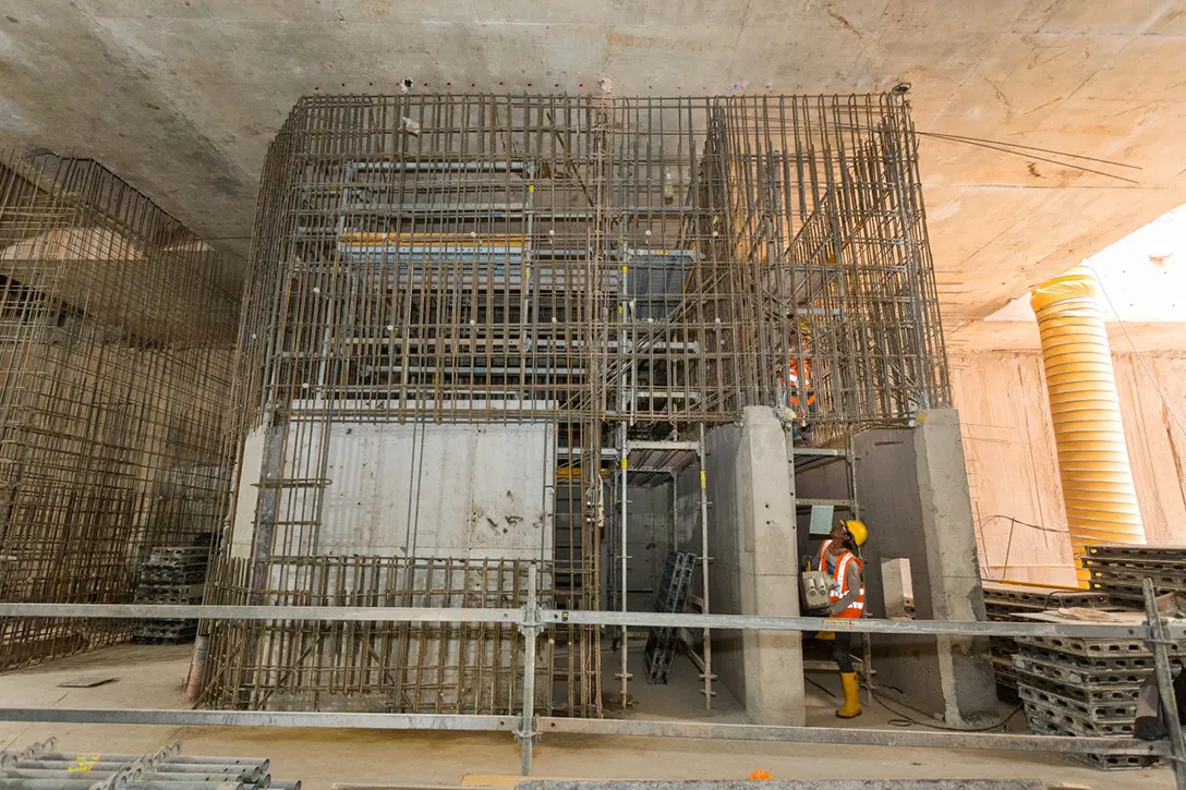 Rebar installation and formwork installation of reinforced concrete internal walls at Persiaran KLCC MRT Station concourse level