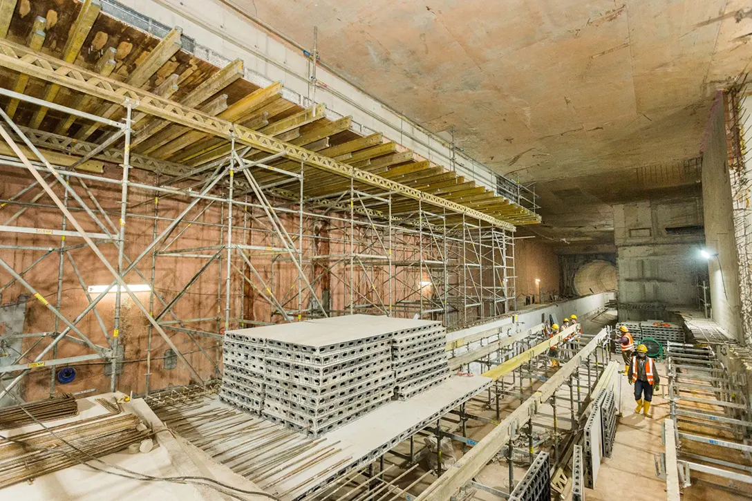 Table formwork installation for Persiaran KLCC MRT Station upperplatform reinforced concrete slab.