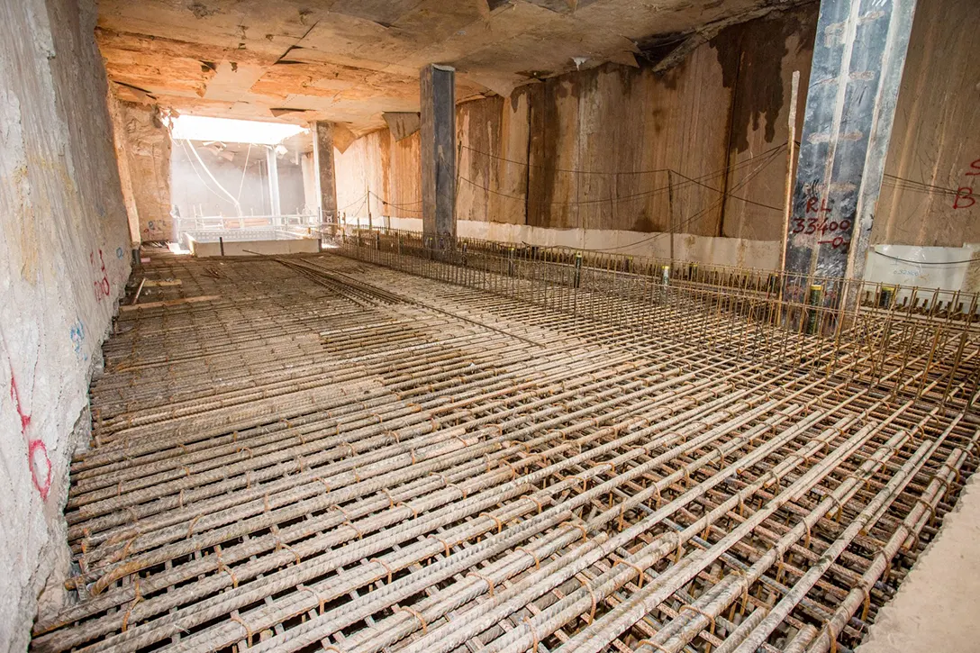 Rebar installation of the plantroom slab in progress for Persiaran KLCC MRT Station Entrance A.