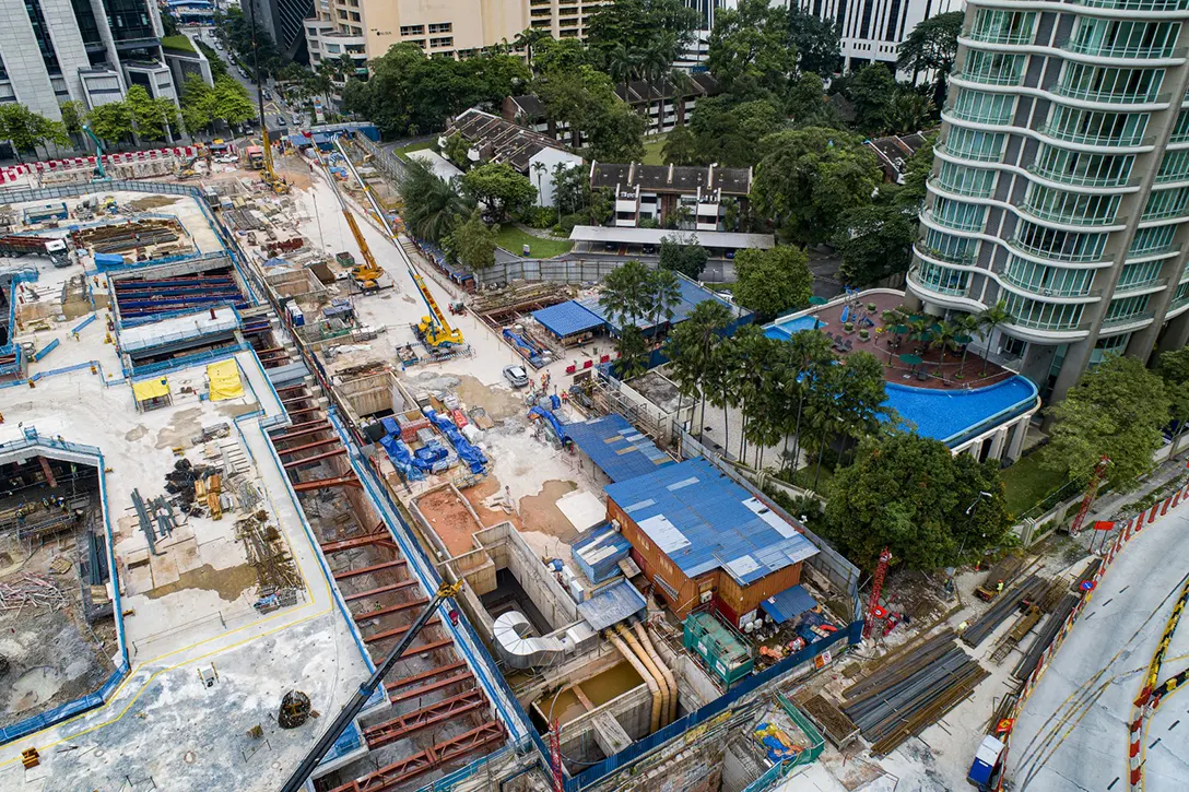 Aerial view of the Persiaran KLCC MRT Station showing the ground level from the southern angle.
