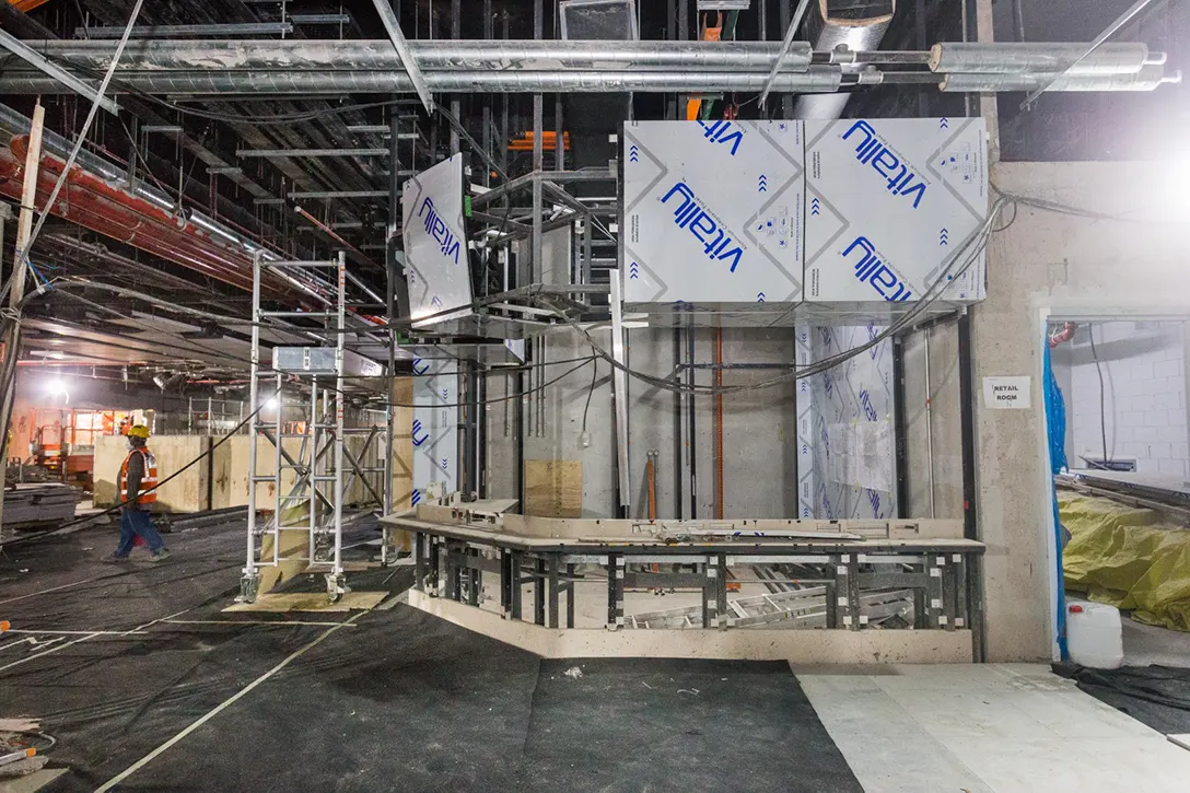 View of the Persiaran KLCC MRT Station showing the installation works for Aluminium Composite Panel for Customer Service Room.