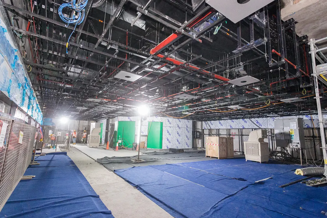 Ceiling frame installation at Persiaran KLCC MRT Station lower platform level.