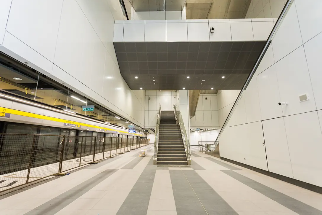 MRT Station lower platform staircase and platform screen doors.