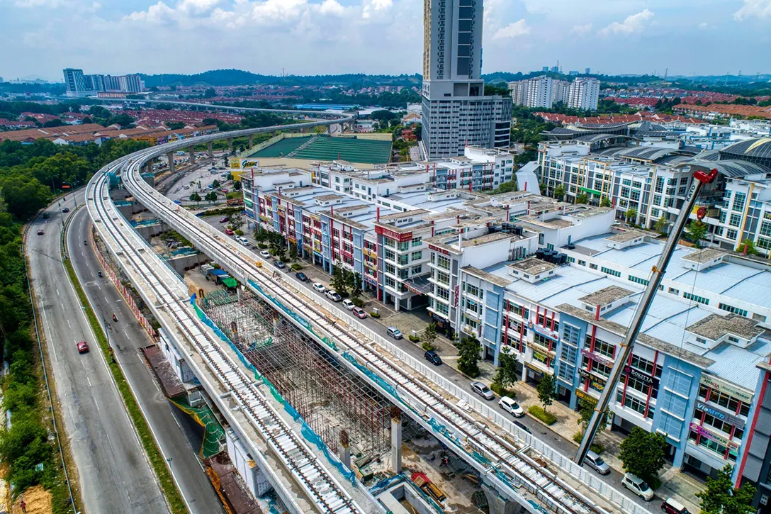 Aerial view of the Putra Permai MRT Station site showing the ongoing platform works.