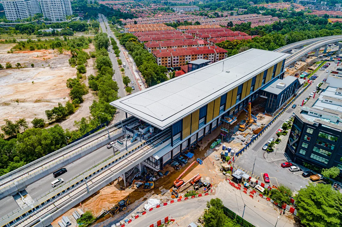 Aerial view of the Putra Permai MRT Station showing architectural works in progress.