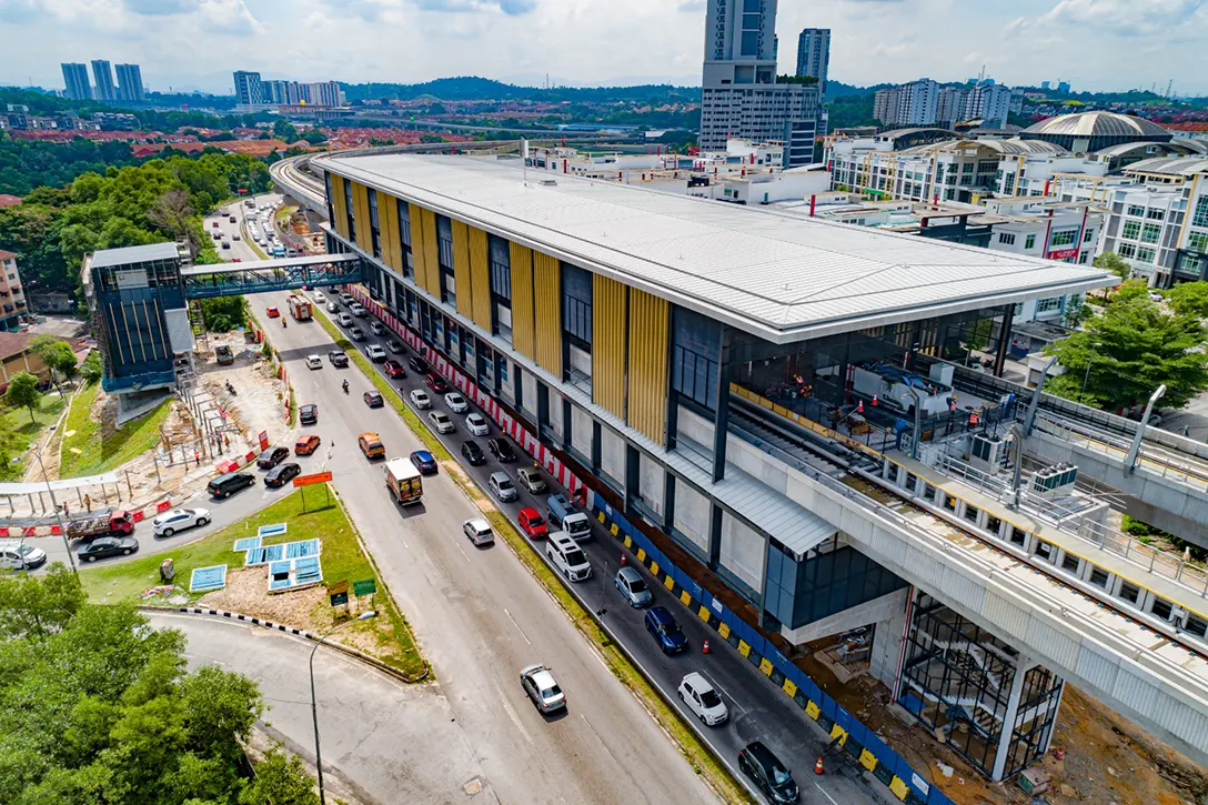 Aerial view of the Putra Permai MRT Station showing architectural works and finishes in progress.