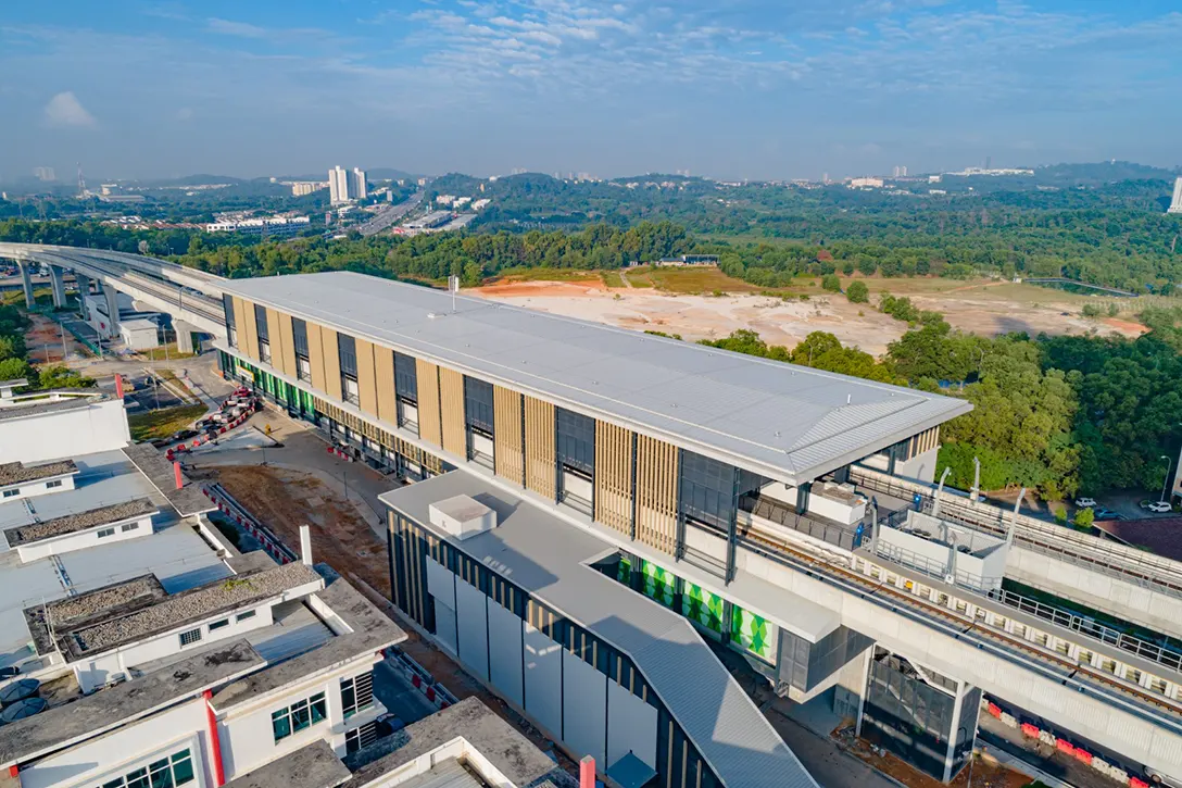 Aerial view of the Putra Permai MRT Station showing the final architectural touch up works in progress.