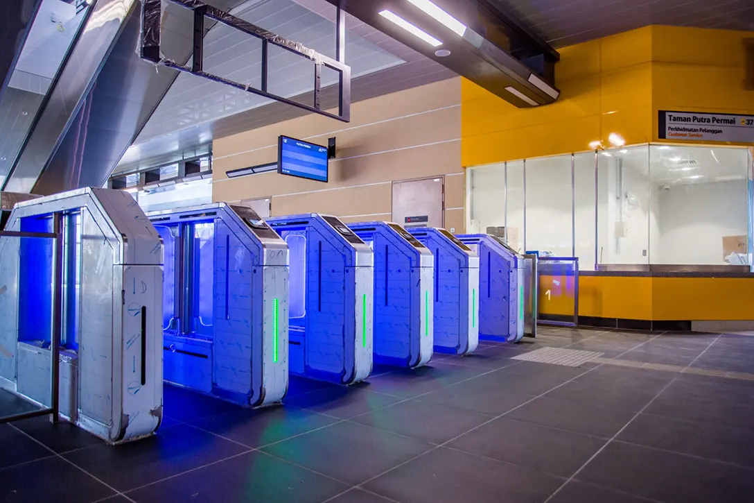 Testing for Automatic Fare Collection system in progress at the Putra Permai MRT Station.