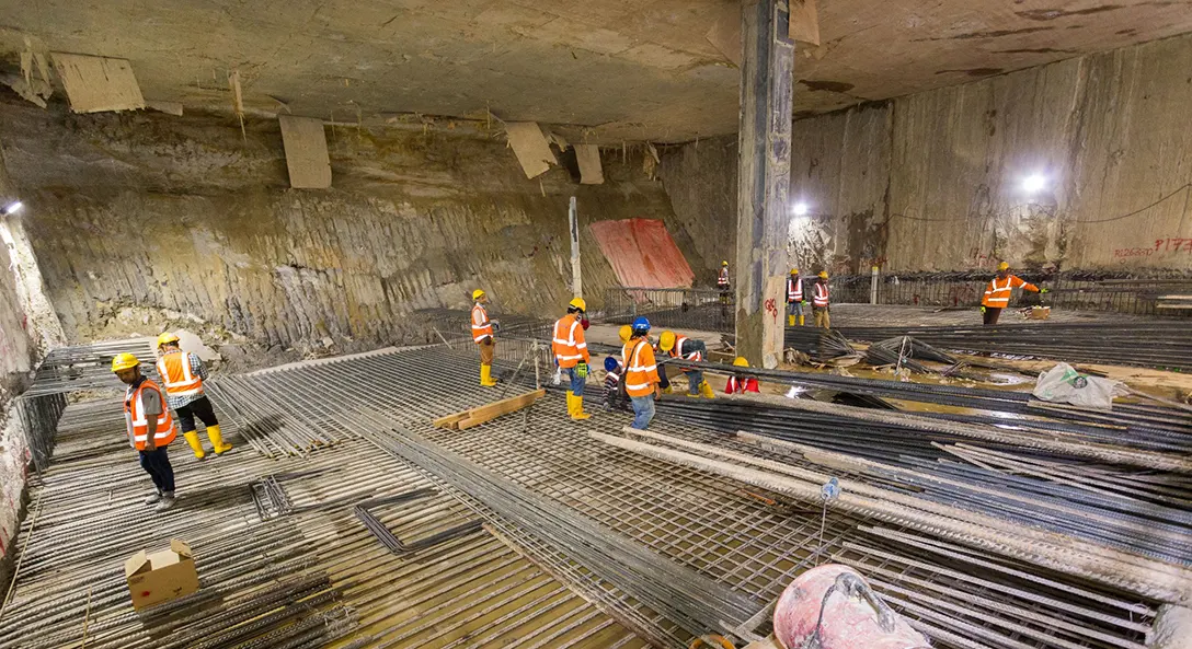 Installation of reinforcement bar for underground construction and reinforcement concrete slab at Raja Uda MRT Station concourse level