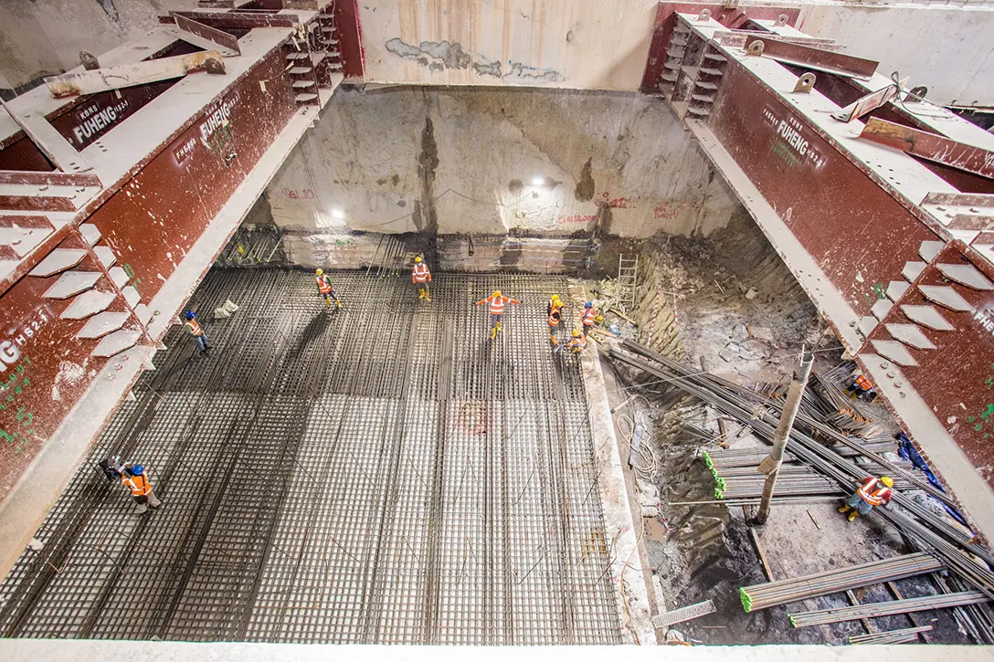 Reinforcing the structure of underground construction reinforced concrete slab at the platform level of the Raja Uda MRT Station.