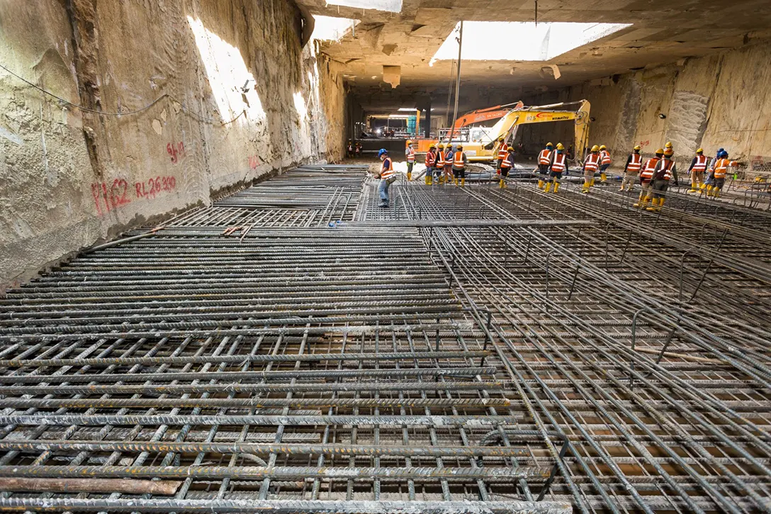Completing the final layer of reinforced slab at Raja Uda MRT Station concourse level.