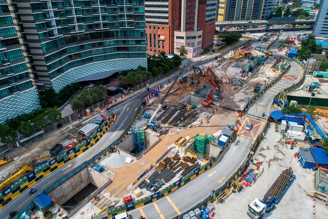 Aerial view of the Raja Uda MRT Station showing the current construction works and current traffic management plan in place to and from Jalan Tun Razak.