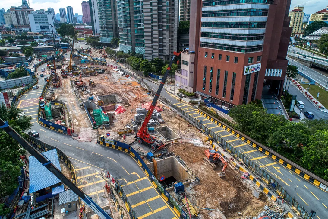 Aerial view of the Raja Uda MRT Station showing the preparation works in progress for the next stage of traffic diversion.