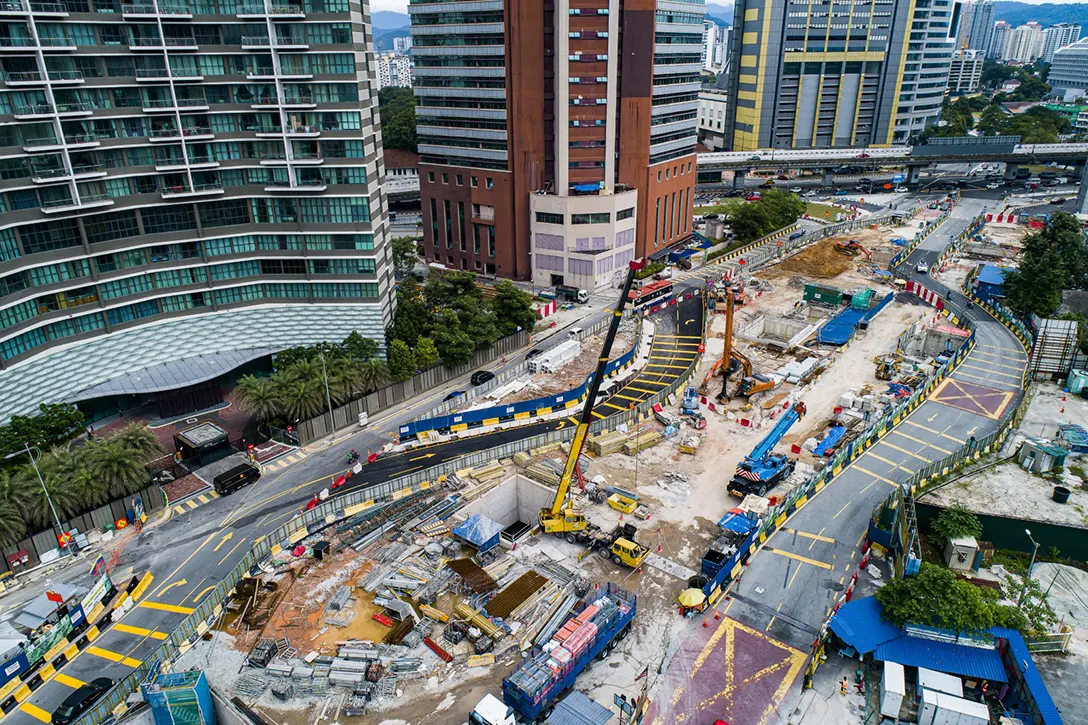 Aerial view of the Raja Uda MRT Station site showing the preparatory works for the next stage of traffic diversion.