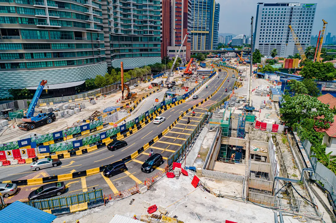 Aerial view of the Raja Uda MRT Station showing the implementation of the second stage of Traffic Management Plan.