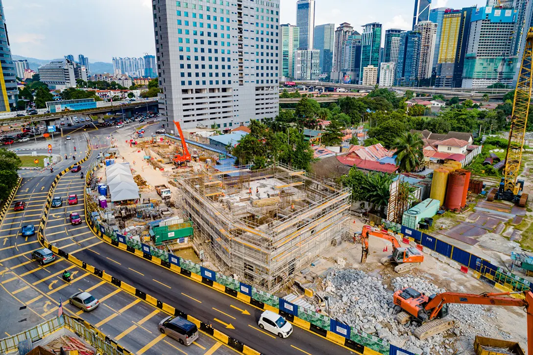 Aerial view of the Raja Uda MRT Station showing the construction of Ventilation Building B in progress