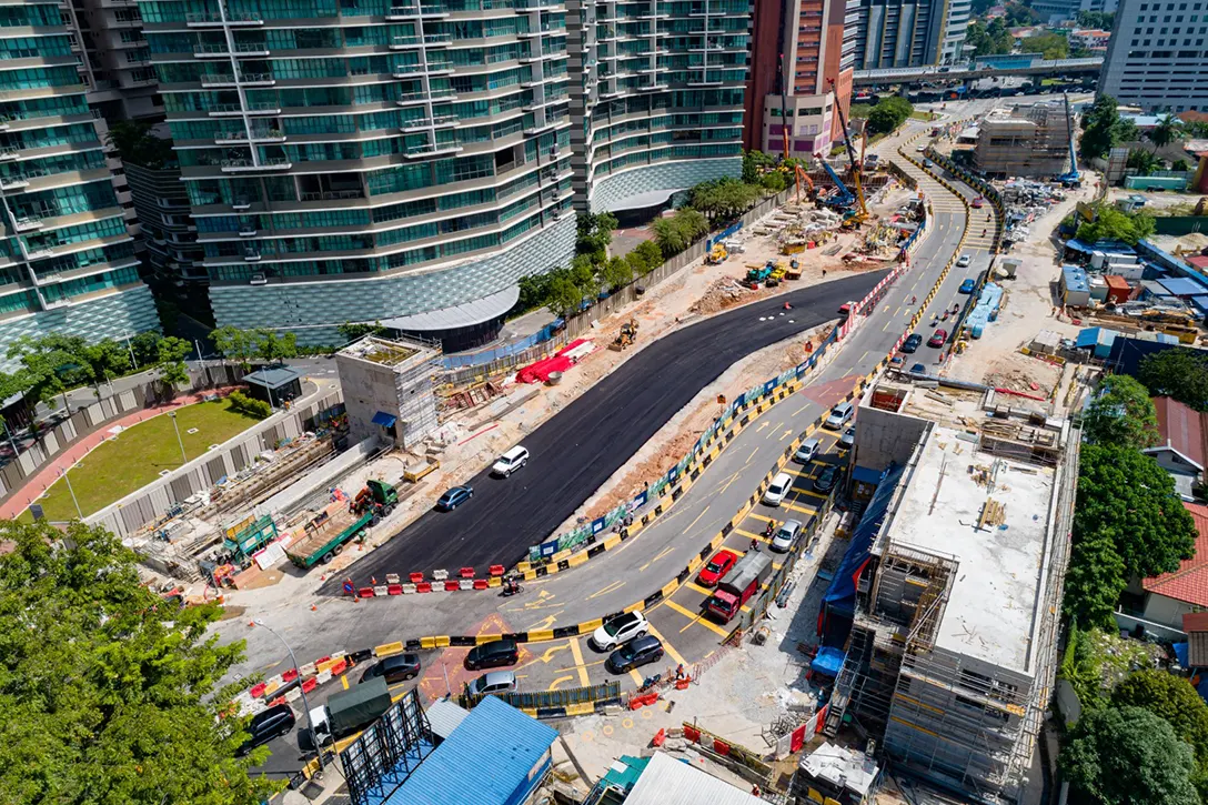 Aerial view of the Raja Uda MRT Station showing the laying of premix for road diversion as per traffic management plan stage 3b completed.