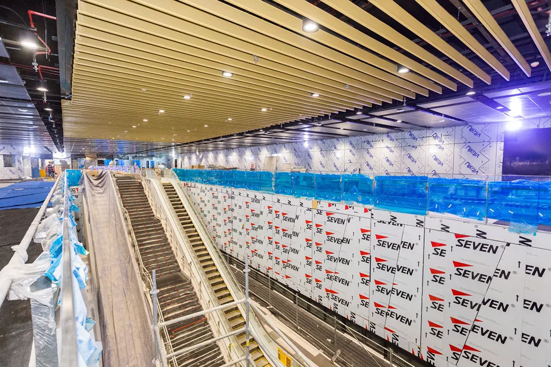 Interior view of the completed final finishes at the concourse level of Raja Uda MRT Station.