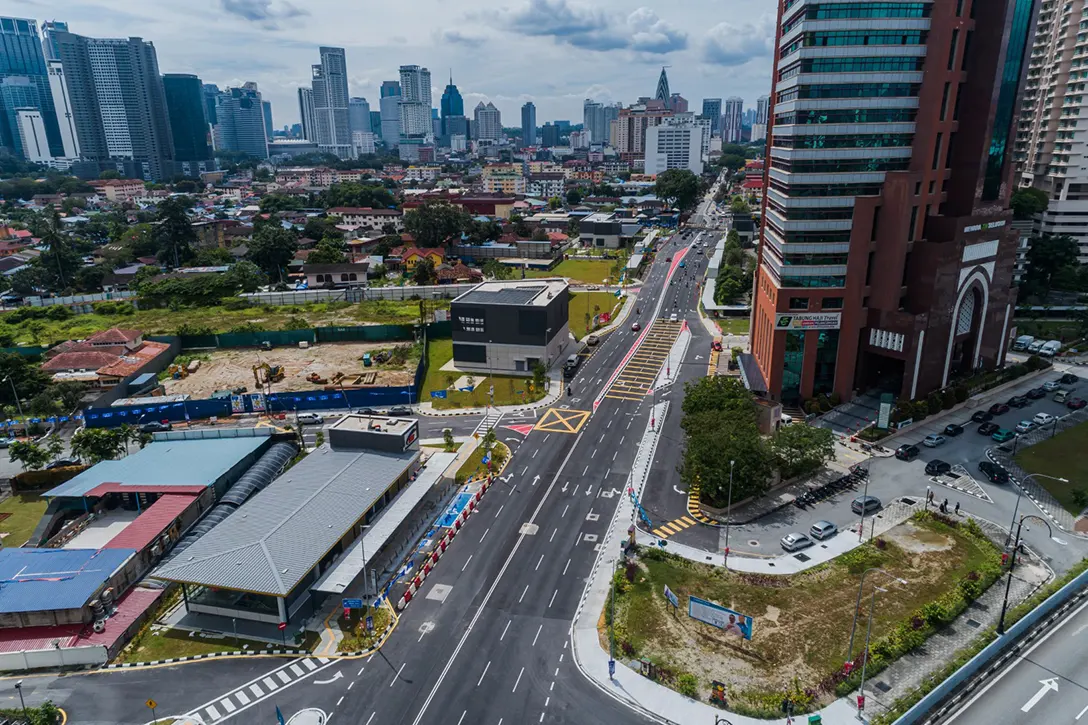 Aerial view of the Raja Uda MRT Station along Jalan Raja Muda Abdul Aziz.