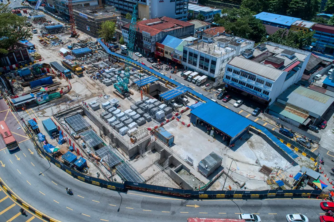 Aerial view of the Sentul Barat MRT Station site showing the platform level reinforcement concrete works in progress.