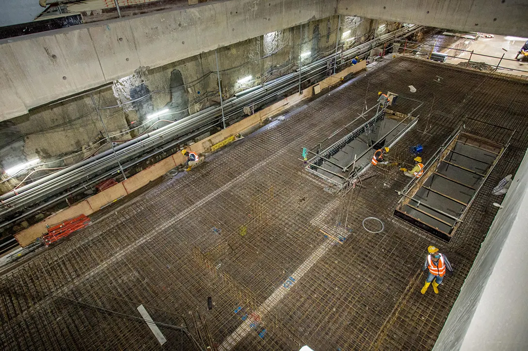 View inside the Sentul Barat MRT Station showing the ongoing construction works of platform reinforced concrete slab.