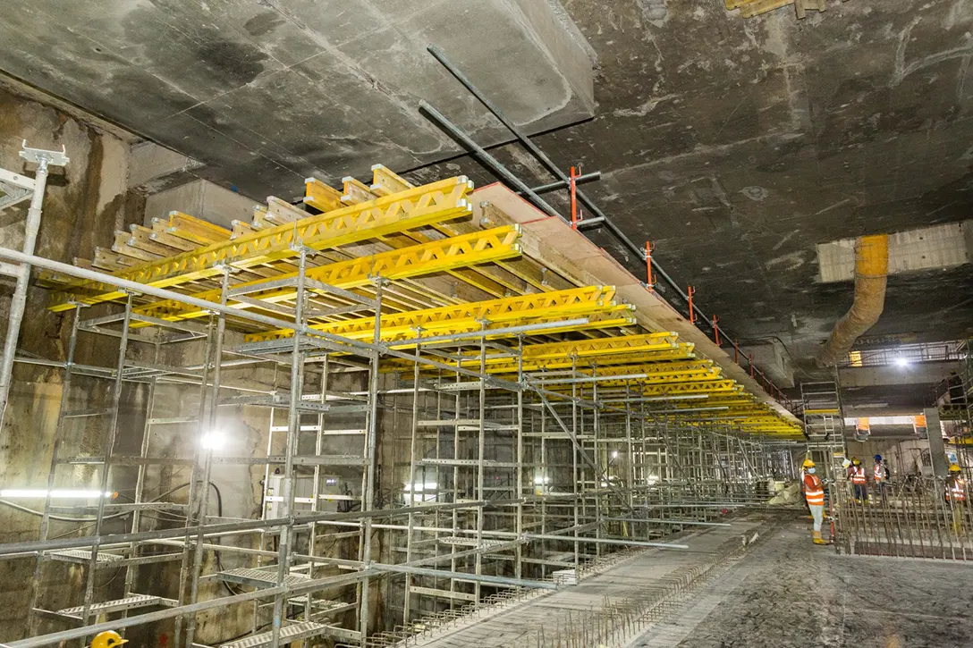 Overhead Tunnel Exhaust shoring system installation at the Sentul Barat MRT Station platform level.
