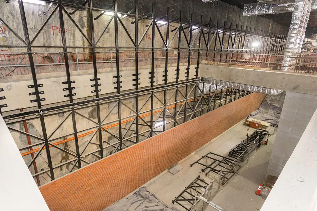 Brickwall and primary steel frame works in progress at the Sentul Barat MRT Station concourse level.