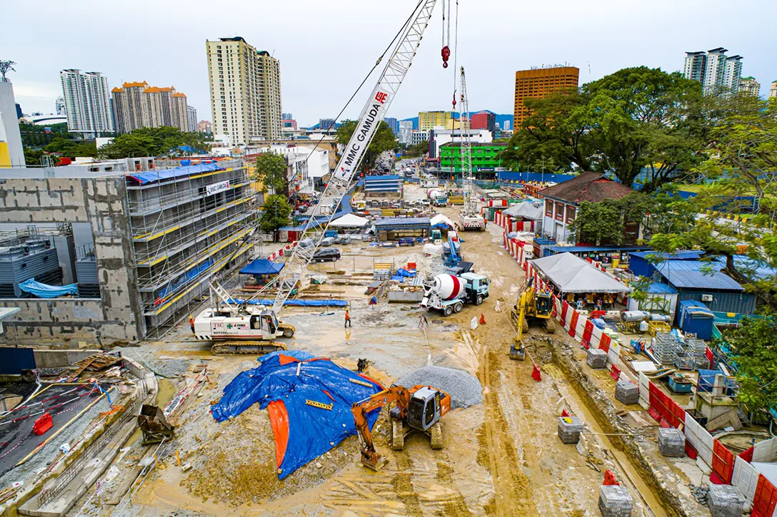 Aerial view of the road reinstatement works in progress at the Sentul Barat MRT Station.