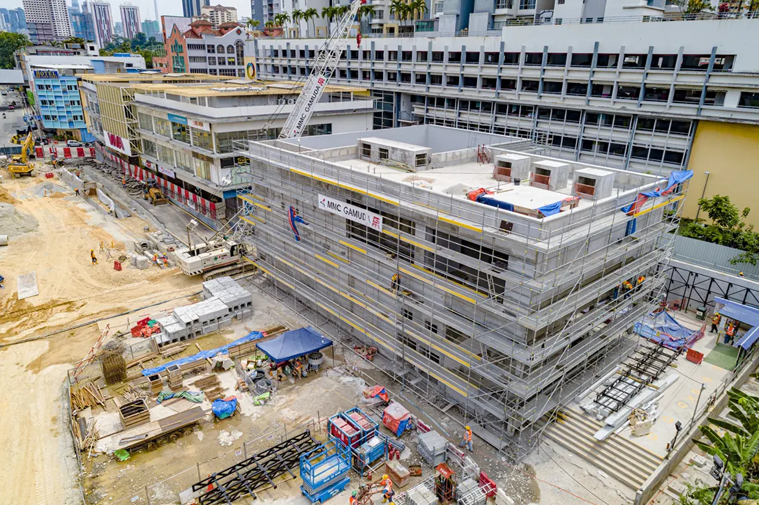 Aerial view of the Sentul Barat MRT Station showing the Entrance B plastering and spray tiles works in progress.
