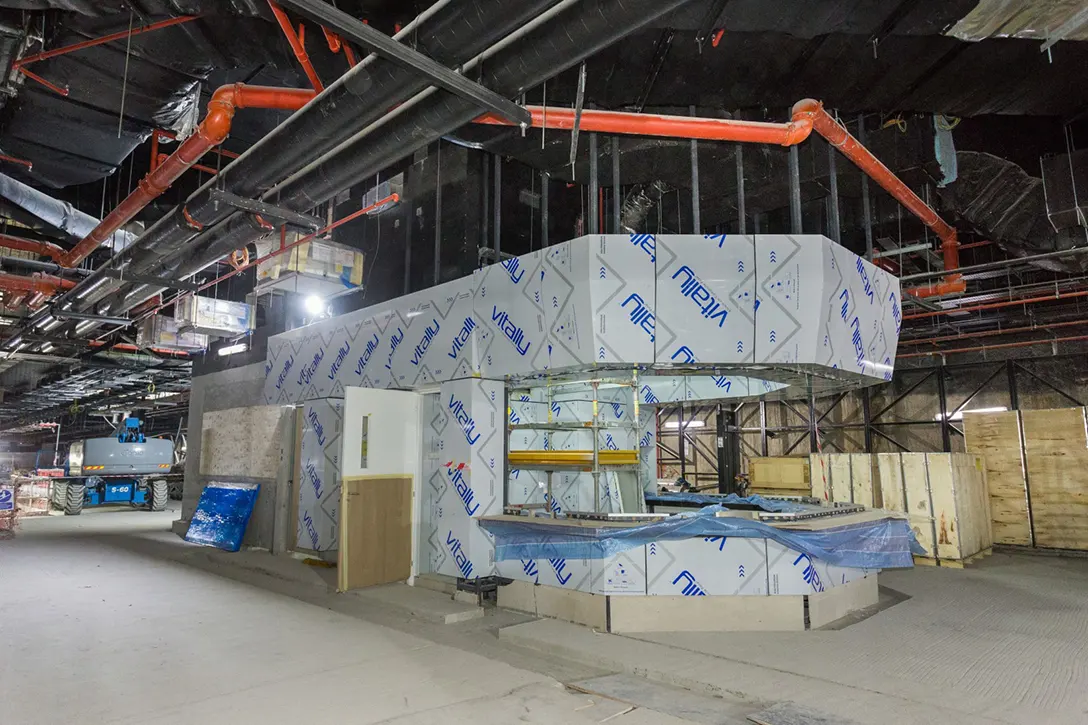 View inside of the Sentul Barat MRT Station showing the customer service office booth being installed.