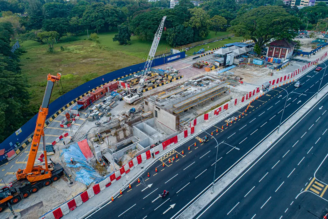 Aerial view of the Sentul Barat MRT Station showing the ongoing construction of Entrance C building structure.