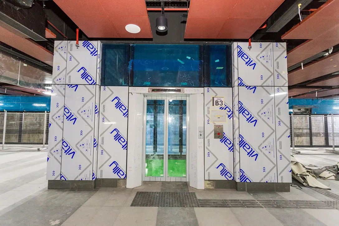 Final cleaning in progress at the platform level glass lift area of the Sentul Barat MRT Station.