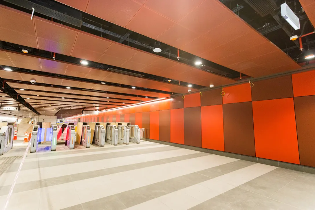 View of the completed installation of Automatic Fare Collection gate system at the Sentul Barat MRT Station concourse level.