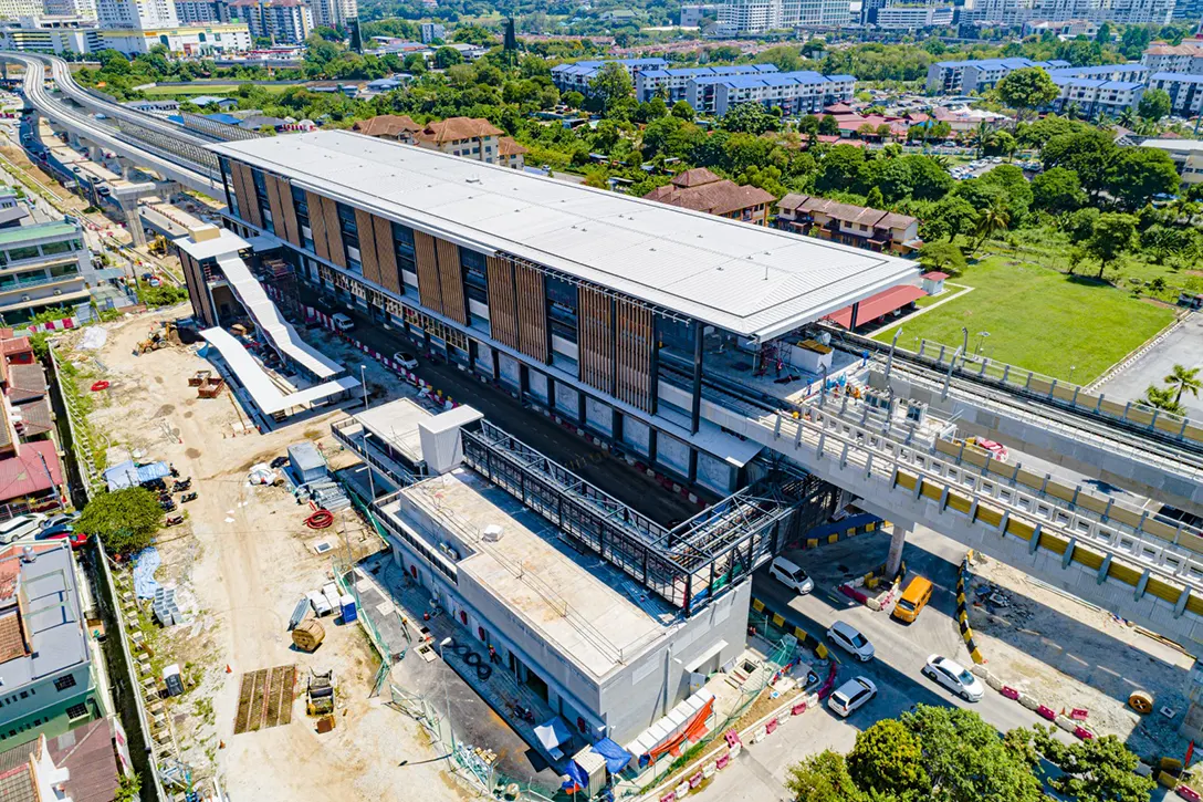 Aerial view of the Serdang Jaya MRT Station showing external architecture works finishes.