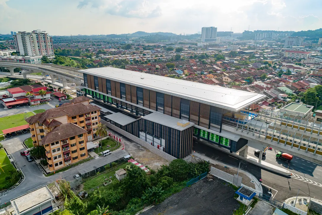 Aerial view of the Serdang Jaya MRT Station showing the landscaping and monsoon drain finishing works in progress.