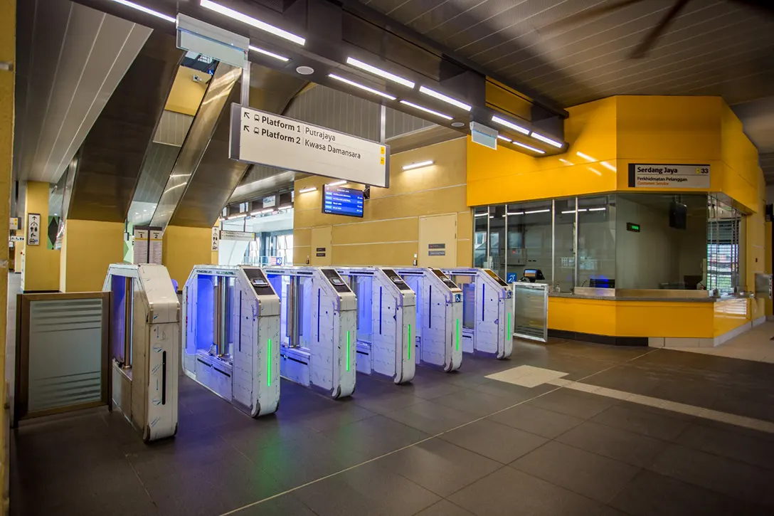 Testing and commissioning of Automatic Fare Collection gate system in progress at the Serdang Jaya MRT Station.