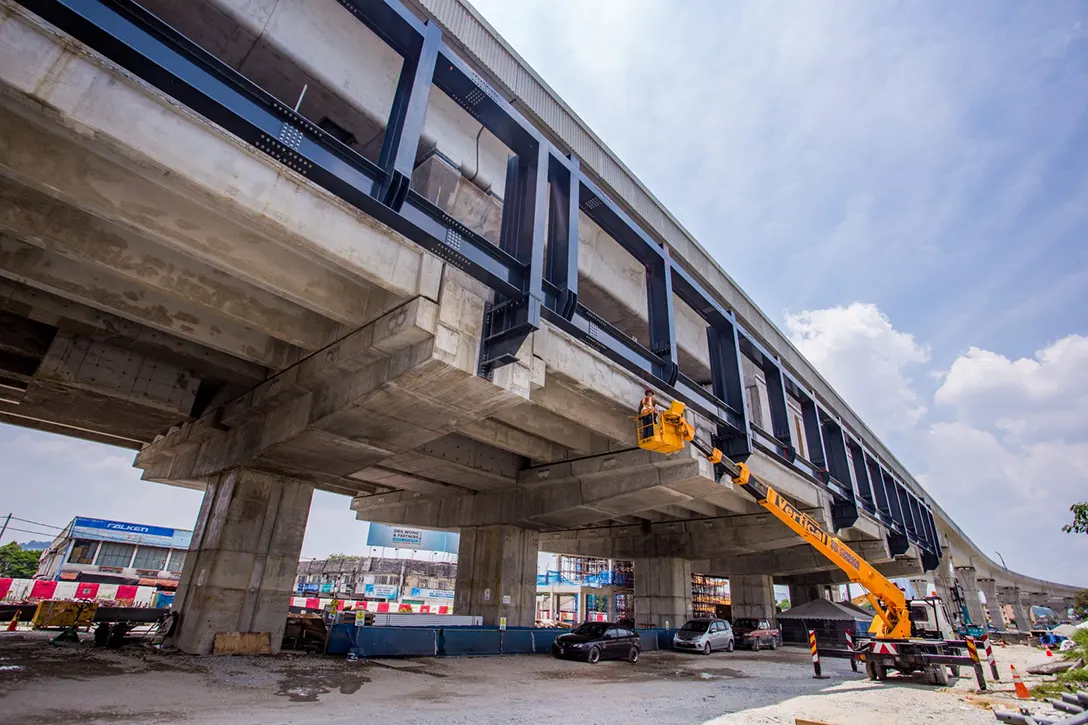 Steel structure works in progress at the Serdang Raya Selatan MRT Station.