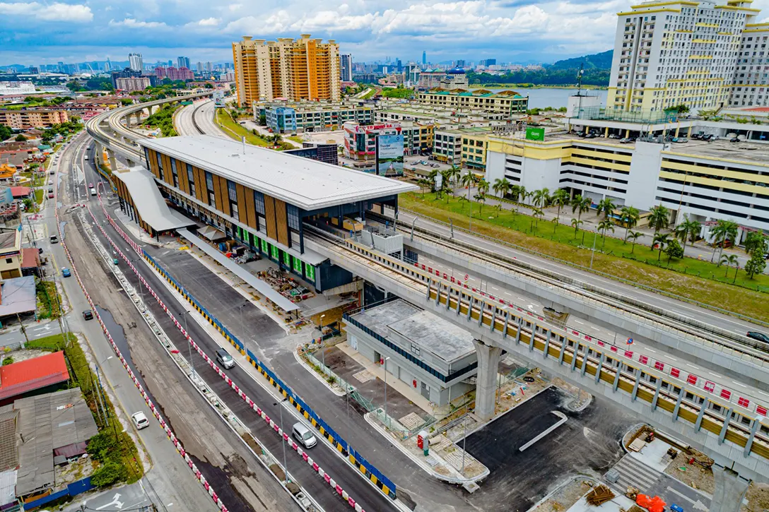 Aerial view of the Serdang Raya Selatan MRT Station showing the road premix and landscaping works in progress.