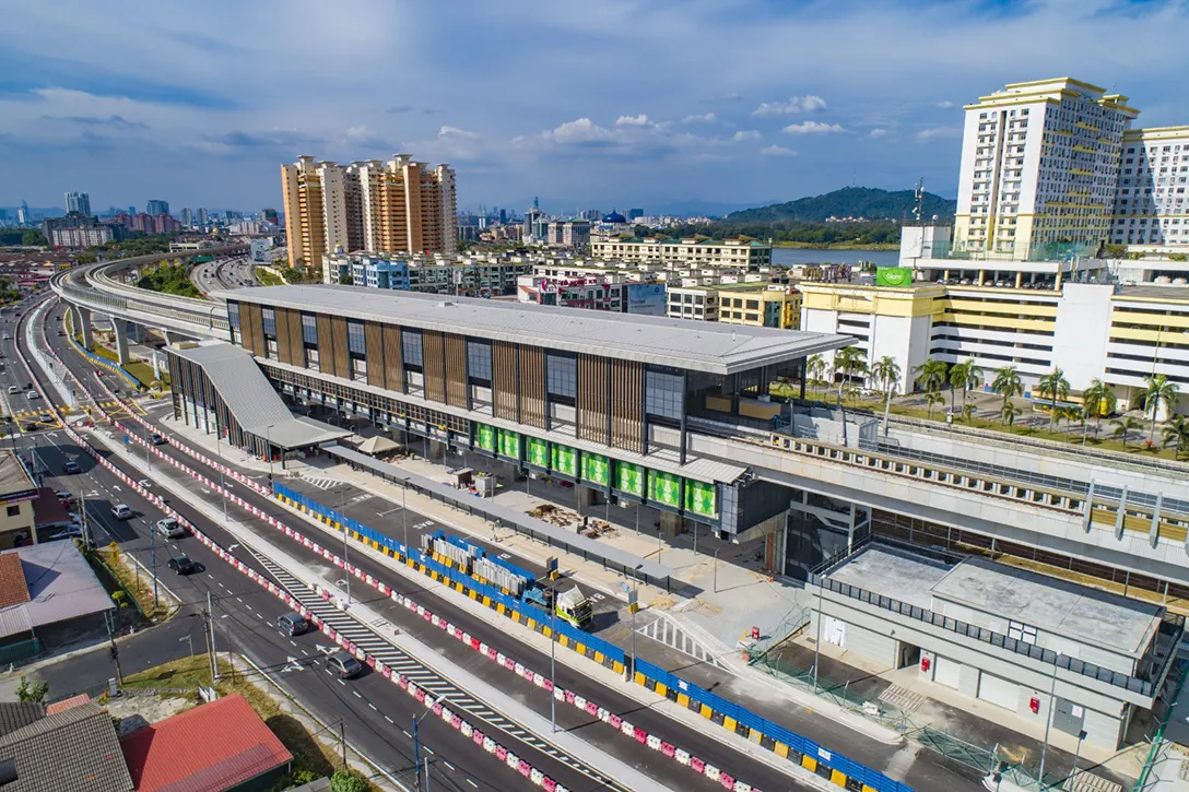 Aerial view of the Serdang Raya Selatan MRT Station showing the road marking and signage installation works in progress.