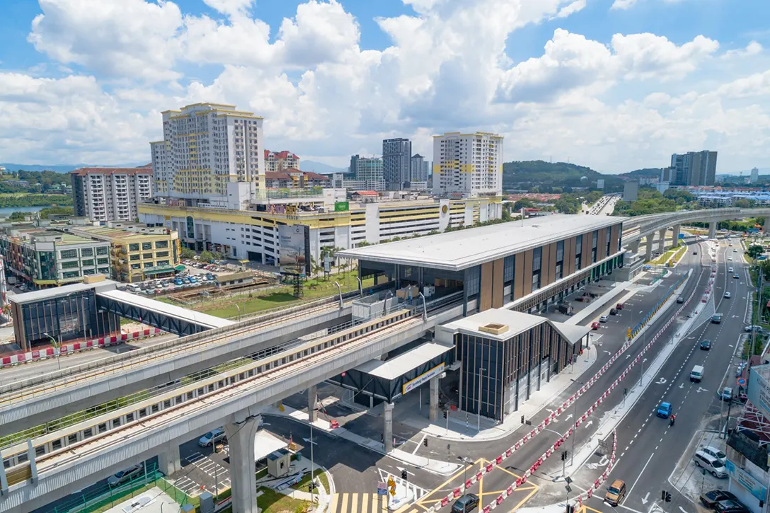 Aerial view of the Serdang Raya Selatan MRT Station showing the external works and roadworks have been completed.