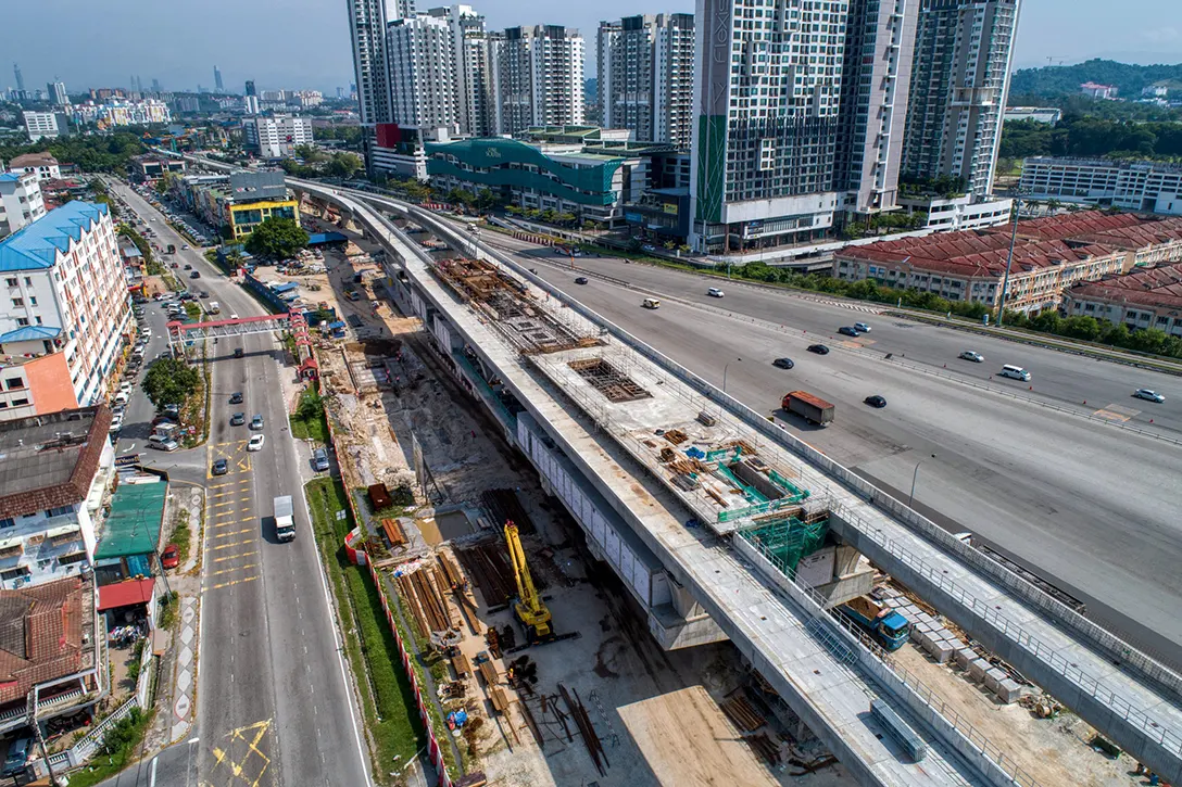 Aerial view of the ground beam and column works in progress at the Serdang Raya Utara MRT Station